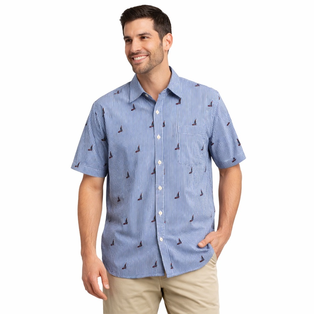 Roundtree & Yorke Blue Stripe Sailboat Shirt Mens Large Cotton Nautical